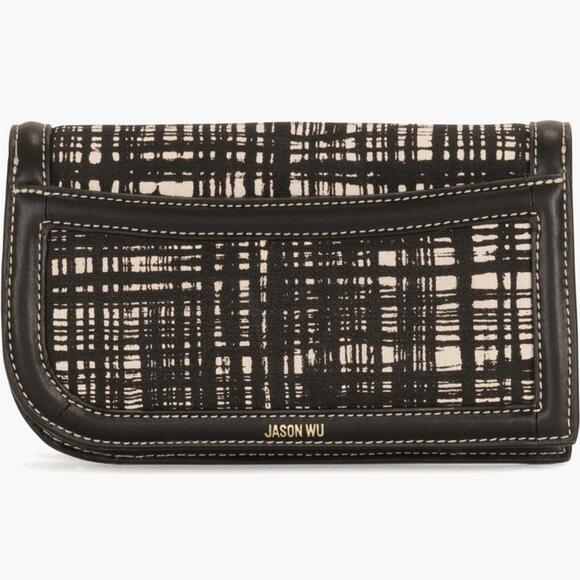 Jason Wu Orbit Crossbody Clutch Sling Bag Black Leather Canvas 70s Plaid - Picture 4 of 9